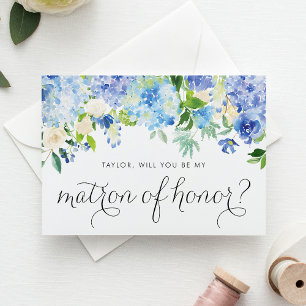Watercolor Blue Hydrangea Floral Matron of Honor Card