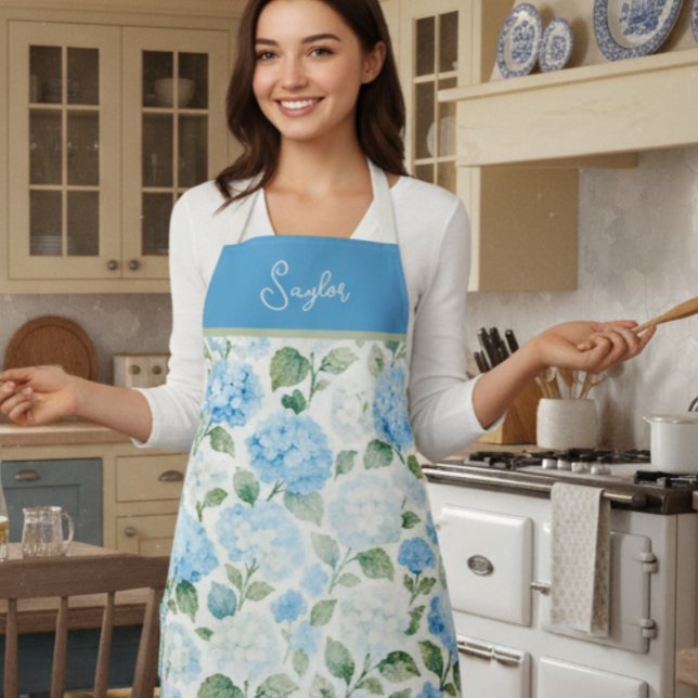 Watercolor Blue Hydrangea Floral Name Apron (Creator Uploaded)