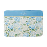 Watercolor Blue Hydrangea Floral Name Bath Mat