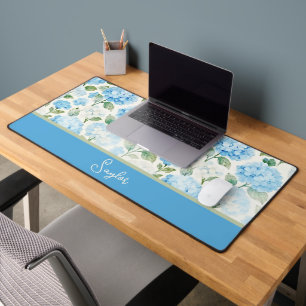 Watercolor Blue Hydrangea Floral Name Desk Mat
