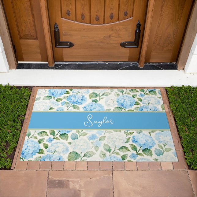 Watercolor Blue Hydrangea Floral Name Doormat (Outdoor)