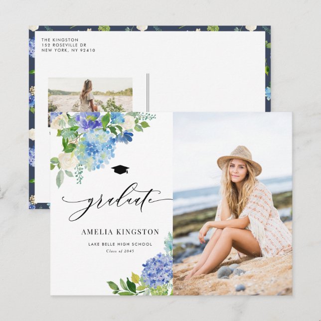 Watercolor Blue Hydrangea Floral Photo Graduation Invitation Postcard (Front/Back)