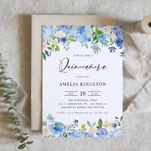 Watercolor Blue Hydrangea Floral Quinceañera Invitation