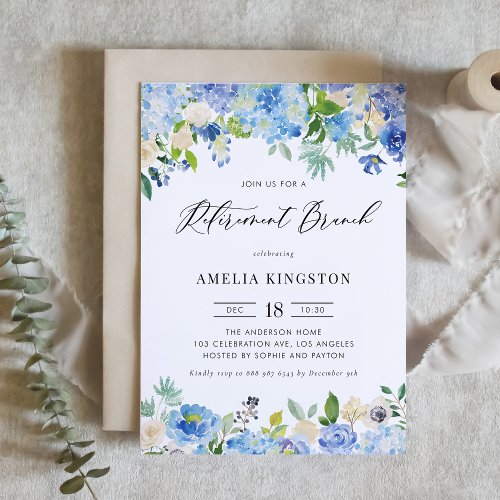 Watercolor Blue Hydrangea Floral Retirement Brunch Invitation