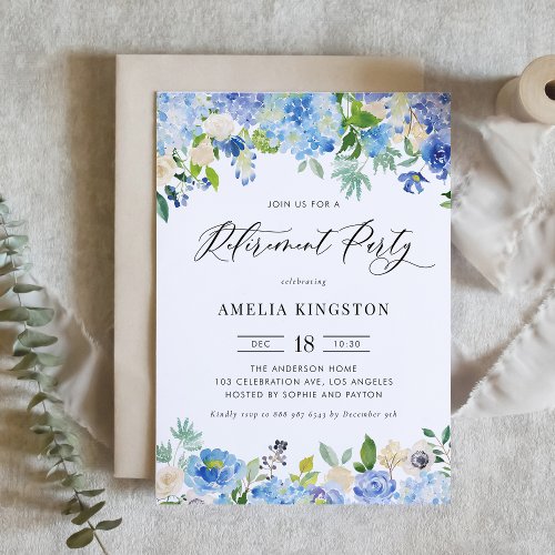 Watercolor Blue Hydrangea Floral Retirement Party Invitation