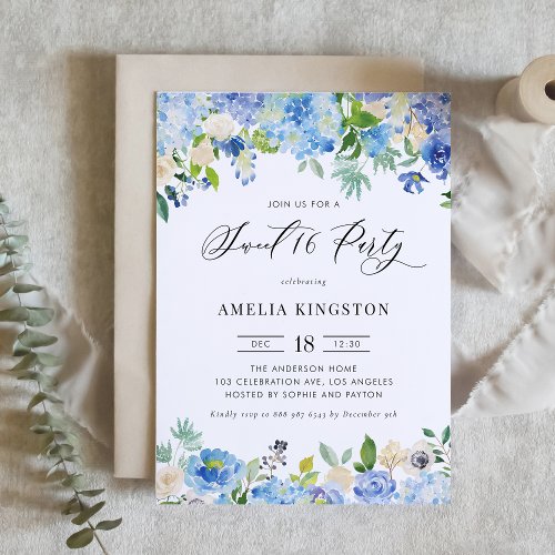 Watercolor Blue Hydrangea Floral Sweet 16 Party Invitation