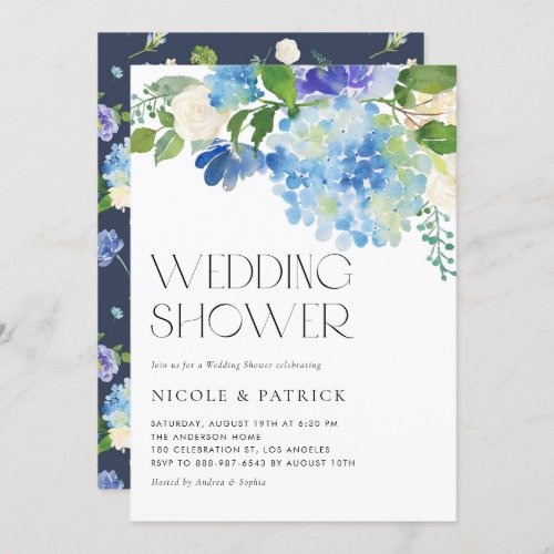 Watercolor Blue Hydrangea Floral Wedding Shower Invitation