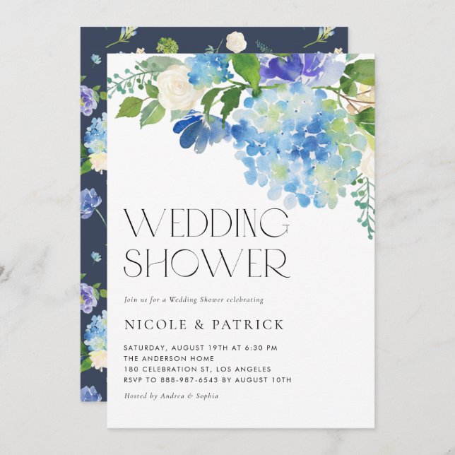 Watercolor Blue Hydrangea Floral Wedding Shower Invitation (Front/Back)