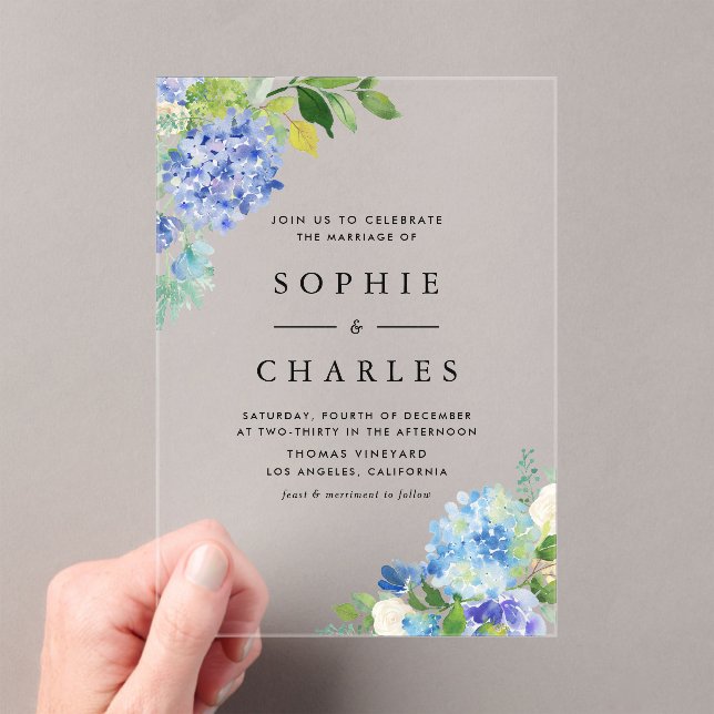 Watercolor Blue Hydrangea Flowers Bouquet Wedding Acrylic Invitations (Insitu (Handheld))