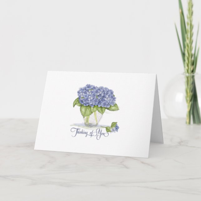 Watercolor Blue Hydrangea Flowers Thinking of You Card (Front)