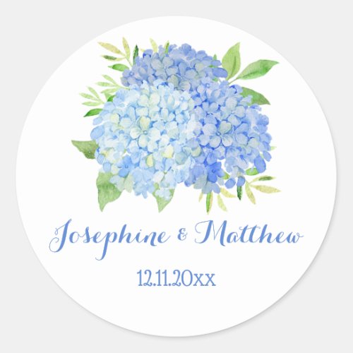 Watercolor Blue Hydrangea Flowers Wedding Classic Round Sticker