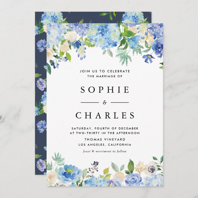 Watercolor Blue Hydrangea Flowers Wedding Invitation (Front/Back)