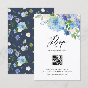 Watercolor Blue Hydrangea Flowers Wedding QR Code RSVP Card
