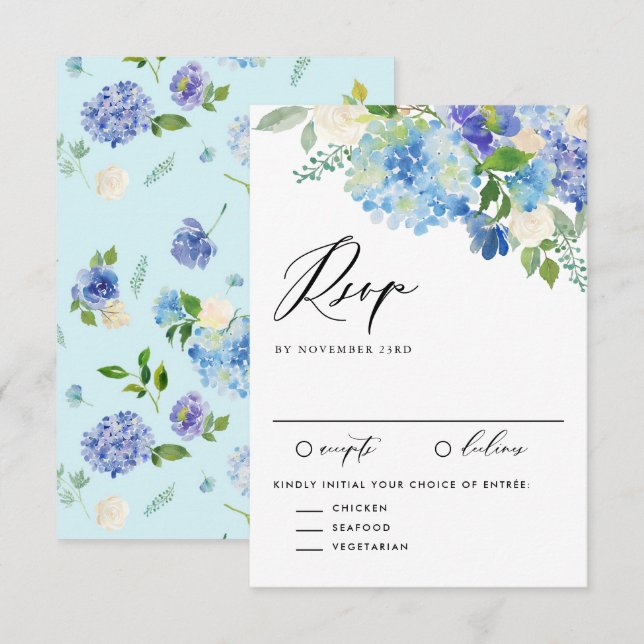 Watercolor Blue Hydrangea Flowers Wedding RSVP Card (Front/Back)