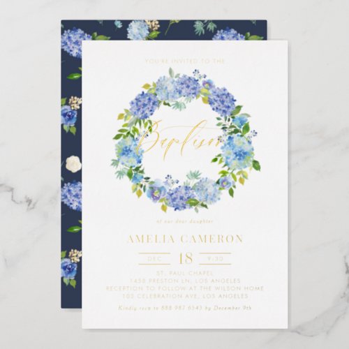 Watercolor Blue Hydrangea Flowers Wreath Baptism Foil Invitation