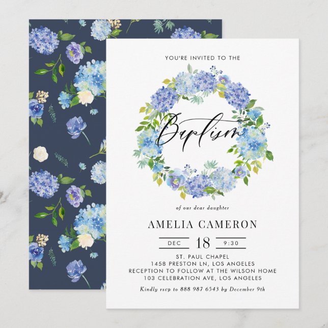 Watercolor Blue Hydrangea Flowers Wreath Baptism Invitation (Front/Back)