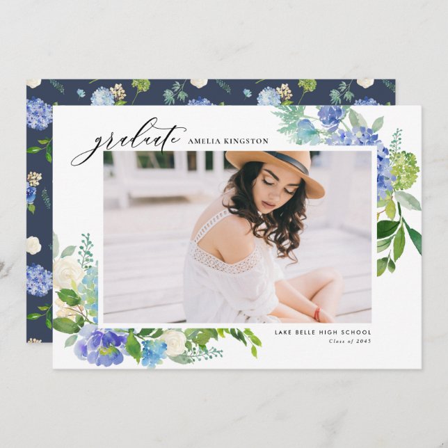 Watercolor Blue Hydrangea Frame Photo Graduation Announcement (Front/Back)