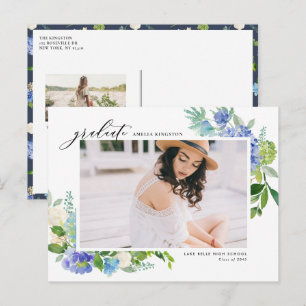 Watercolor Blue Hydrangea Frame Photo Graduation Announcement Postcard