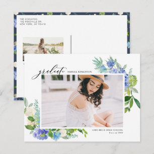 Watercolor Blue Hydrangea Frame Photo Graduation Invitation Postcard