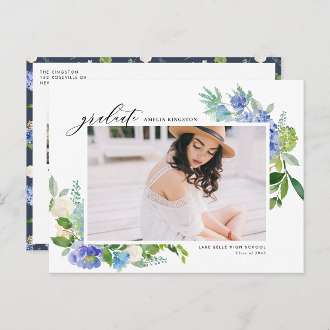 Watercolor Blue Hydrangea Frame Photo Graduation Invitation Postcard (Front/Back)