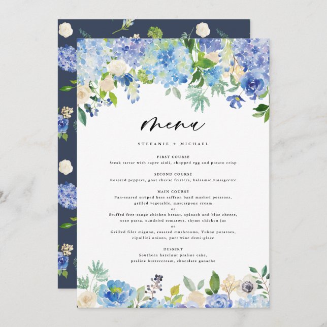 Watercolor Blue Hydrangea Garland Wedding Menu (Front/Back)