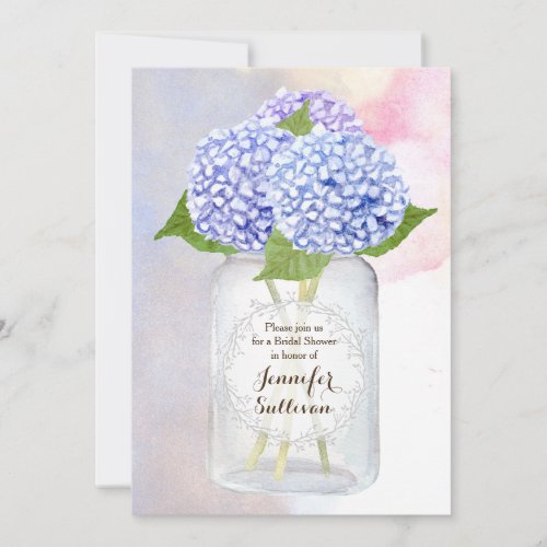 Watercolor Blue Hydrangea Mason Jar Bridal Shower Invitation