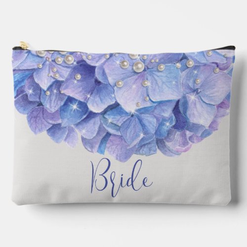 Watercolor Blue Hydrangea Pearl Bridal Party Accessory Pouch