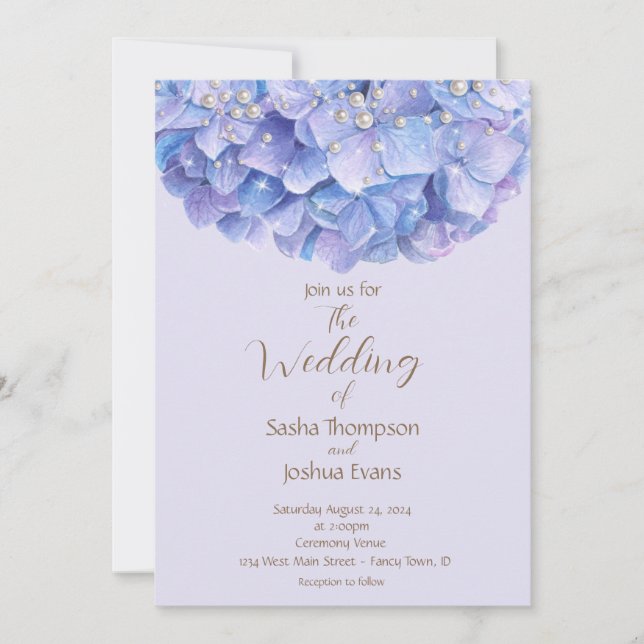 Watercolor Blue Hydrangea Pearl Invitation (Front)
