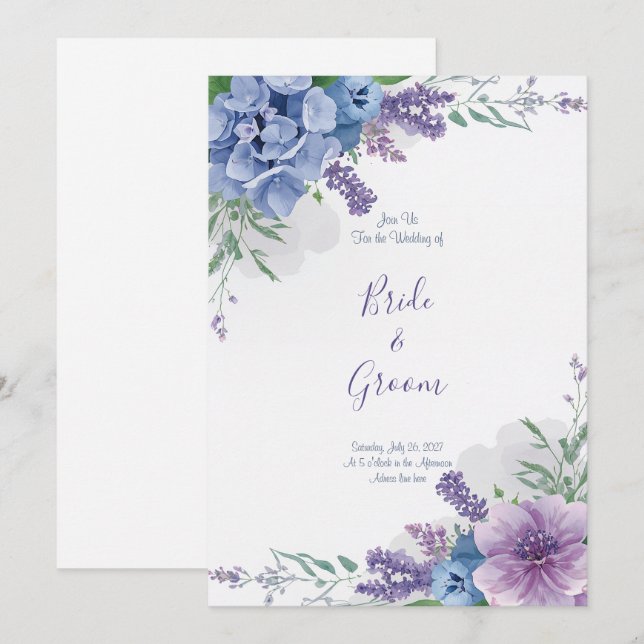 Watercolor Blue Hydrangea Purple Lavender Floral Invitation (Front/Back)