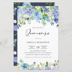 Watercolor Blue Hydrangea Quinceañera Invitation