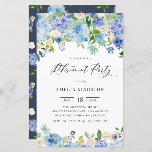 Watercolor Blue Hydrangea Retirement Invitation