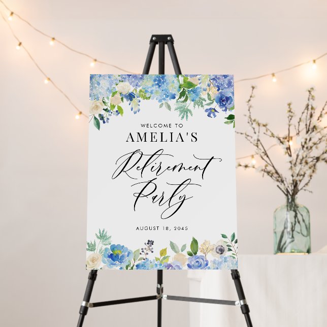 Watercolor Blue Hydrangea Retirement Party Welcome Foam Board (In Situ (Stand))