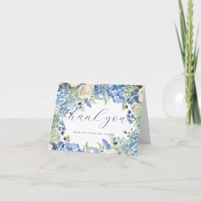 Watercolor Blue Hydrangea Roses Elegant Script Thank You Card | Zazzle
