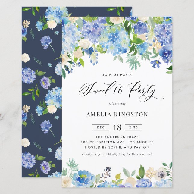Watercolor Blue Hydrangea Sweet Sixteen Invitation (Front/Back)