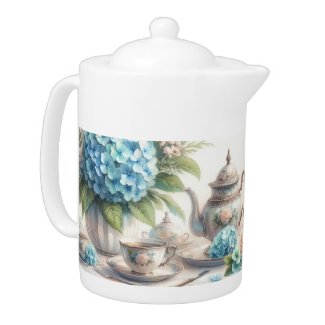 Watercolor Blue Hydrangea Vintage Teapot