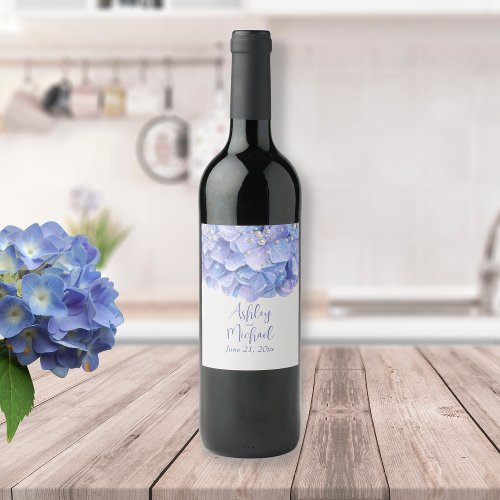 Watercolor Blue Hydrangea Wedding Guests Gifts   Wine Label