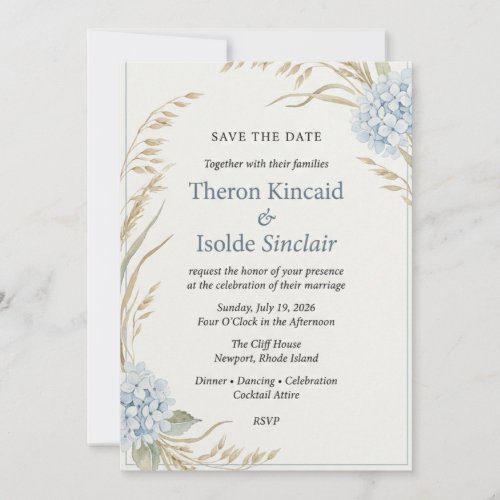Watercolor Blue Hydrangea & Wheat Save Invitation