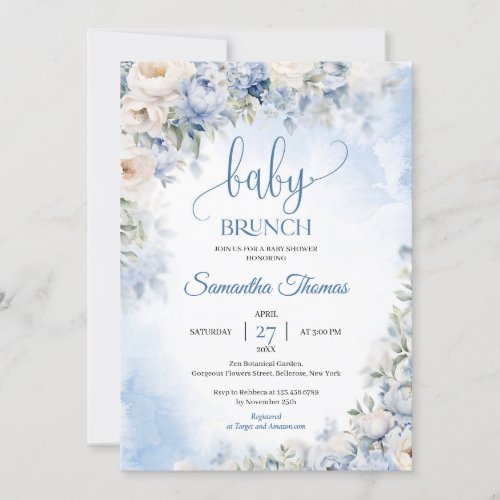Watercolor blue hydrangea white roses baby brunch invitation