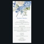 Watercolor Blue Hydrangea White Roses Wedding Menu<br><div class="desc">Elegant floral wedding design with watercolor-painted floral arrangements of blue hydrangea flowers,  greenery,  and white roses.</div>