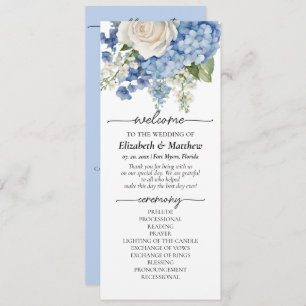 Watercolor Blue Hydrangea White Roses Wedding Program