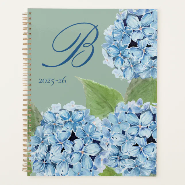 Watercolor Blue Hydrangea with Initial Planner | Zazzle