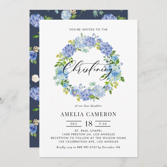 Watercolor Blue Hydrangea Wreath Christening Invitation (Front/Back)