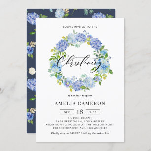 Watercolor Blue Hydrangea Wreath Christening Invitation