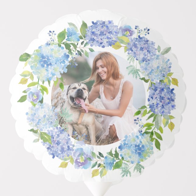 Watercolor Blue Hydrangea Wreath Photo Graduation Balloon (Front)