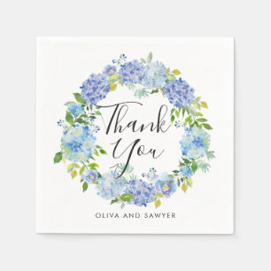 Watercolor Blue Hydrangea Wreath Thank You Wedding Paper Napkins