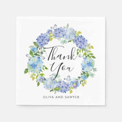 Watercolor Blue Hydrangea Wreath Thank You Wedding Paper Napkins