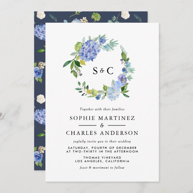 Watercolor Blue Hydrangea Wreath Wedding Invitation (Front/Back)