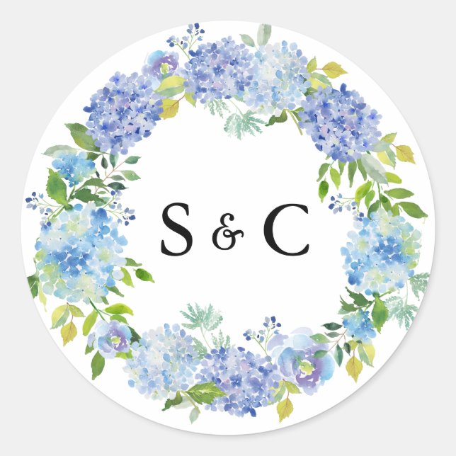 Watercolor Blue Hydrangea Wreath Wedding Monogram Classic Round Sticker (Front)