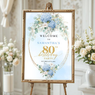 Watercolor Blue Hydrangeas 80th birthday welcome Poster