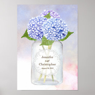 Watercolor Blue Hydrangeas and Mason Jar Wedding Poster